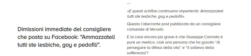 Uccidete tutti i gay, lesbiche e pedofili - il post di Giuseppe Cannata